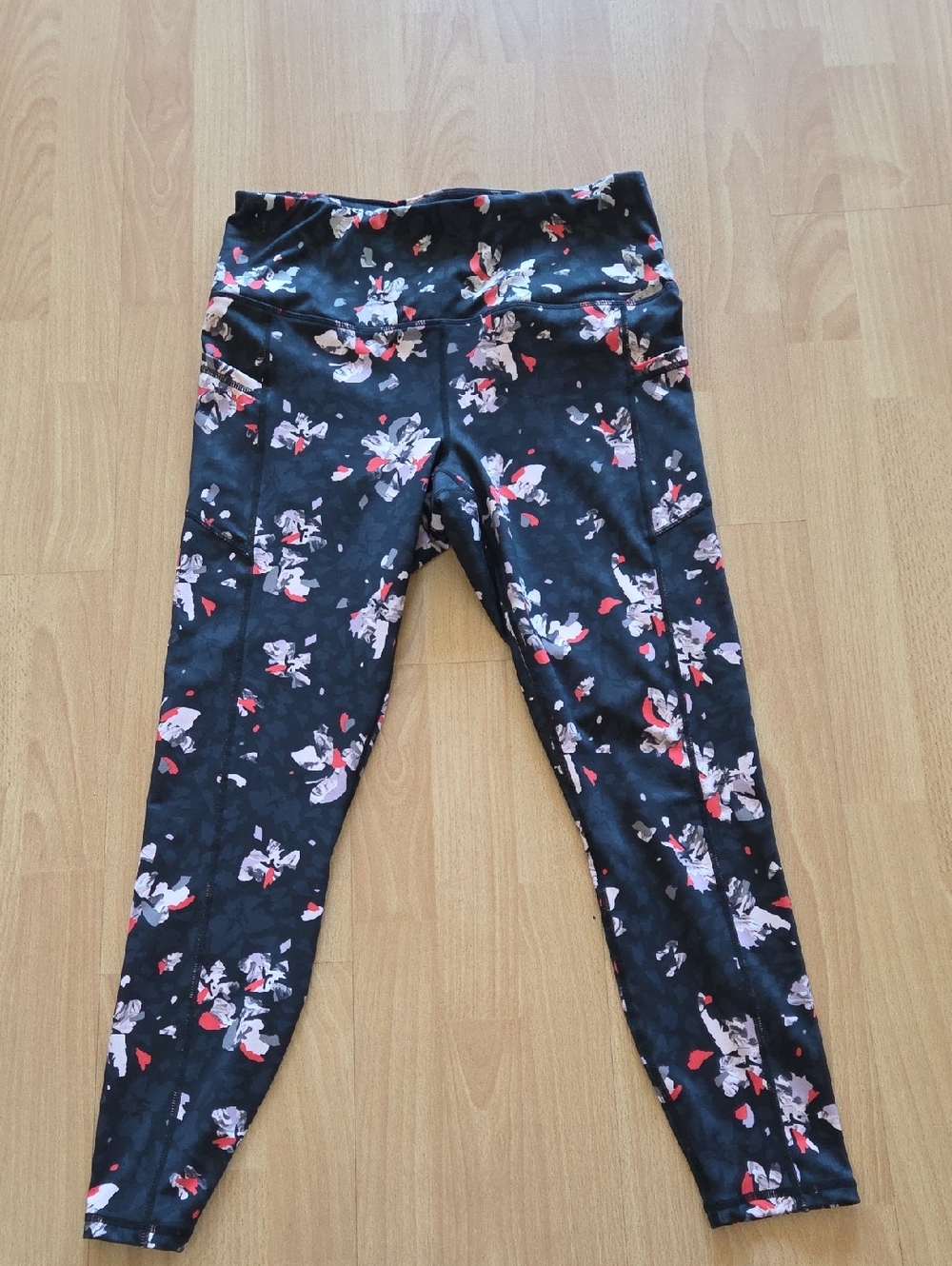 GAIAM Black Leggings with Coral and Pink Floral Accents